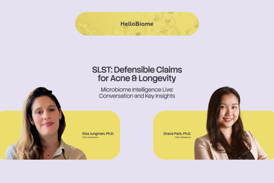 HelloBiome webinar cover for 'SLST: Defensible Claims for Acne & Longevity,' featuring speakers Elsa Jungman, Ph.D. (CEO) and Grace Park, Ph.D. (CSO).