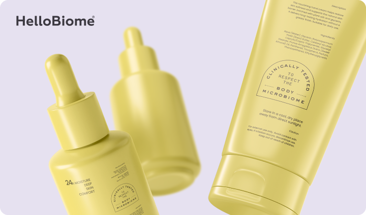 Three HelloBiome skincare products on a lavender background — two pale-yellow dropper bottles labeled "24H Moisture Deep Skin Comfort" and a matching tube, each displaying HelloBiome's Microbiome Seal ("Clinically Tested to Respect the Body Microbiome") beneath the HelloBiome logo.
